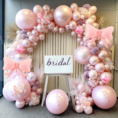 Skiennix Pearl Pink Balloon Arch - Light Pink Foil Bow & Star Balloons for Birthday & Baby Shower Decor