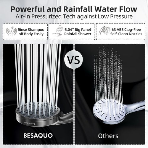 BESAQUO Shower Head,10 Functions High Pressure shower head with handheld, Built-in Pause Mode & Power Wash, Non-Clogging Nozzles High Flow Hand Held Shower Head, Leakproof 6ft Hose&Adjustable Bracket