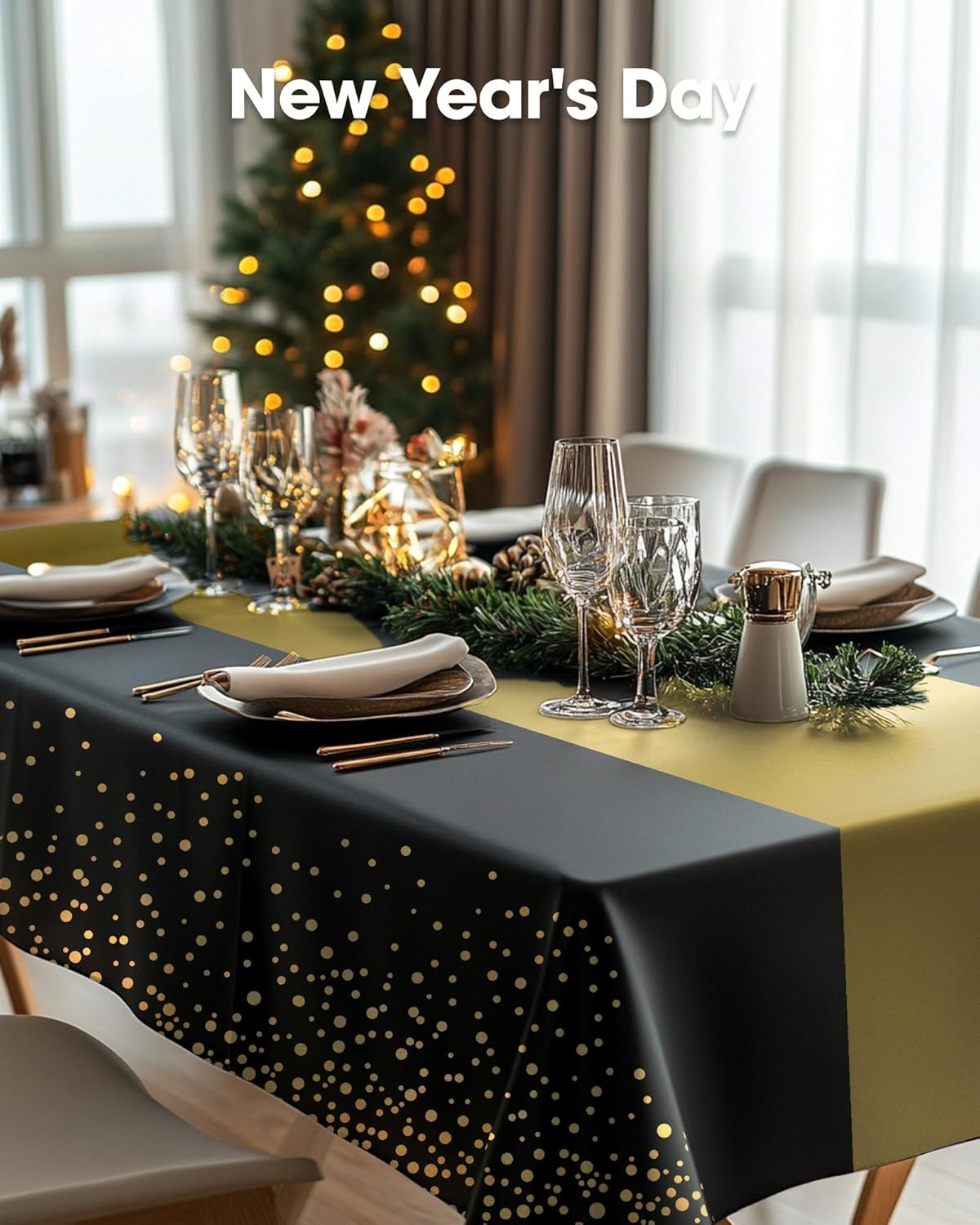 Pureegg Disposable Plastic Tablecloths - 10 Pack, 54 x 108 Inch, Sturdy Leakproof Design, Black Gold