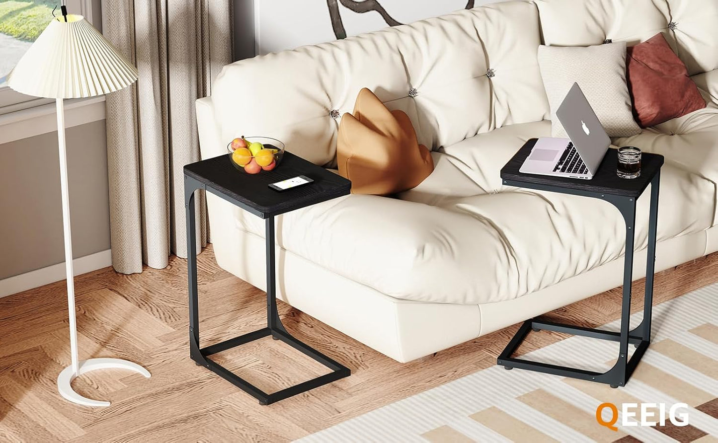 QEEIG C Table Set of 2 - Modern Black C-Shaped Side Tables for Living Room & Couch