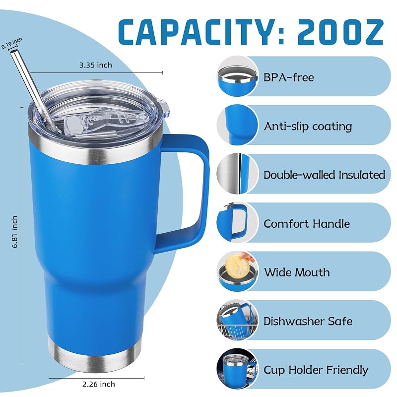 20 oz Tumbler with Handle - Stainless Steel Vacuum Insulated Cup with Lid & Straw, Leak-Proof Travel Mug (Purple Tea Sea Azure, Pack of 4)