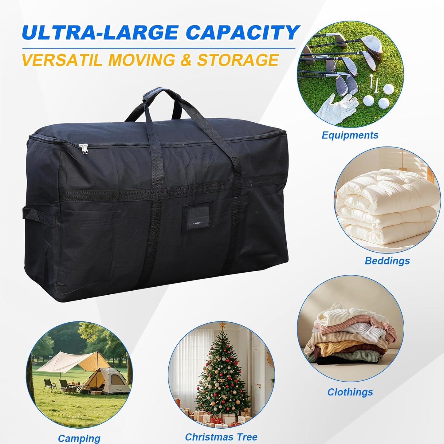 Skiennix Large Moving Bags - 4 FT Christmas Tree Storage Bag with Strong Zipper & Comfortable Handles | Durable Black Totes for College Supplies