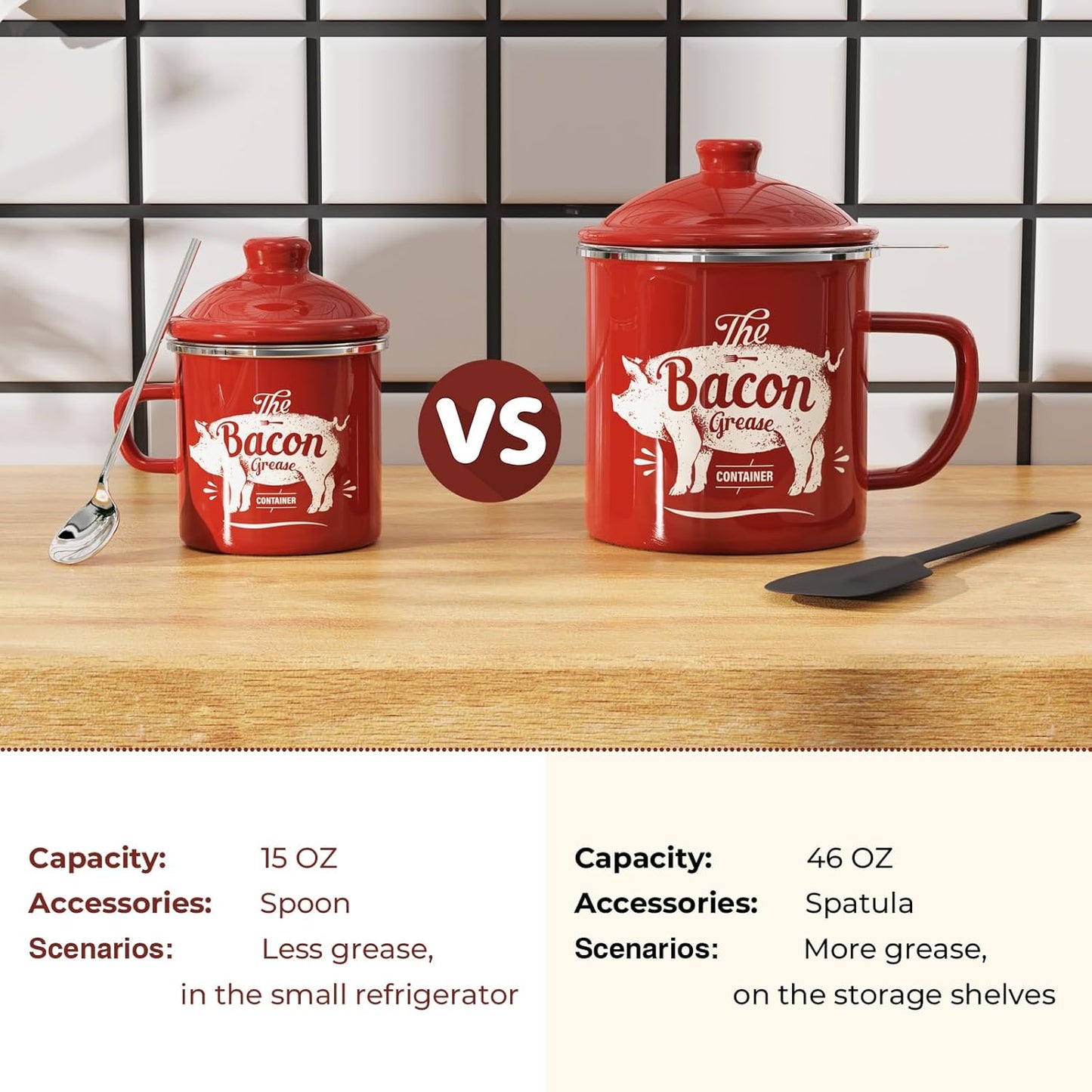 PGYARD Mini Bacon Grease Container - 15oz Enamel Strainer for Kitchen Fat Storage | Dishwasher Safe - Red