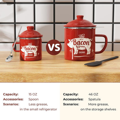PGYARD Mini Bacon Grease Container - 15oz Enamel Strainer for Kitchen Fat Storage | Dishwasher Safe - Red