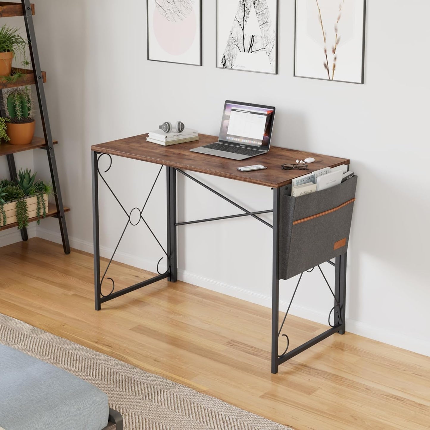 VECELO 39-Inch Folding Desk - Compact Writing Computer Desk for Home Office | Classic Brown Finish