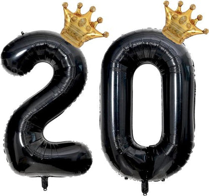 20th Birthday Decorations | Skiennix 40-Inch Black Foil Number 20 Balloon with Gold Crown