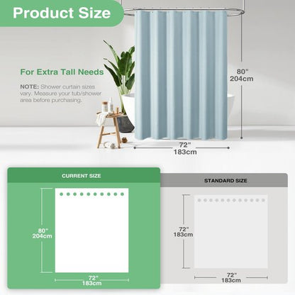 Dynamene Long Fabric Shower Curtain - Waffle Textured Tall Heavy Duty Cloth Shower Curtains for Bathroom, 256GSM Large Hotel Spa Luxury Bath Curtain Set with 12 Plastic Hooks(72Wx80H, Fog Blue)