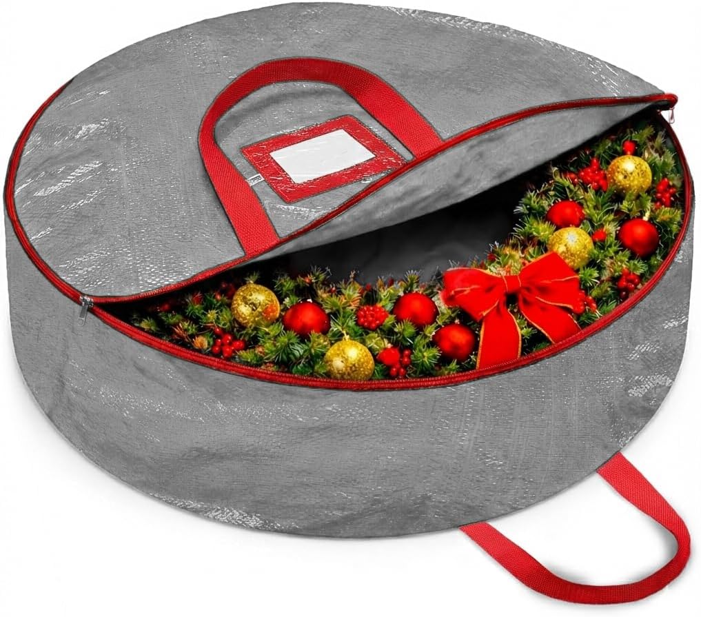 ZOBER Christmas Wreath Storage Bag - 30 Inch Durable Wreath Container with Dual Zippers & Strong Handles - Gray