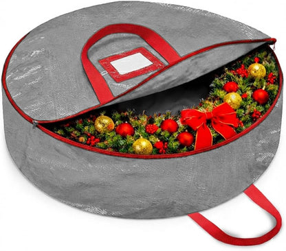 ZOBER Christmas Wreath Storage Bag - 30 Inch Durable Wreath Container with Dual Zippers & Strong Handles - Gray
