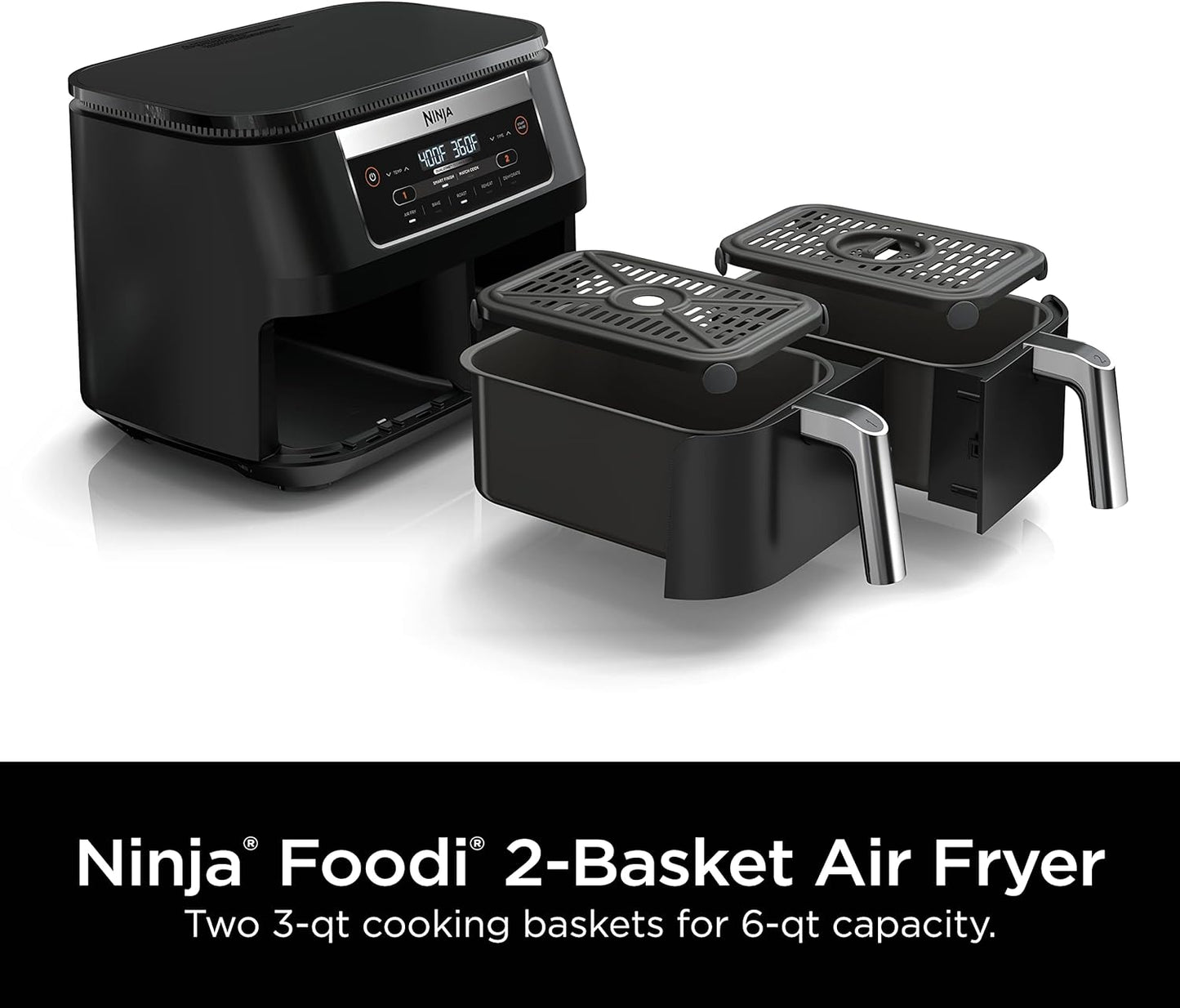 Ninja DZ090 Foodi 6 Quart Air Fryer - 5-in-1 DualZone with 2 Baskets for Quick Snacks & Meals - Black