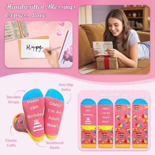 18th Birthday Gifts for Girls, Trendy 18 Year Old Girl Gift Ideas for Her Daughter Niece Adults Women, Happy 2007 Birthdays Decorations Female Presents Basket Glass Cup Sock Makeup Bag Necklace