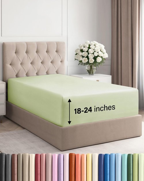 Extra Deep Twin XL Fitted Sheet - Hotel Luxury Single Fitted Sheet Only - Easily Fits 18 to 24 inch Mattress - Ultra Soft, Wrinkle Free with Extra Deep Pockets - Breathable & Comfy - Light Sage Green