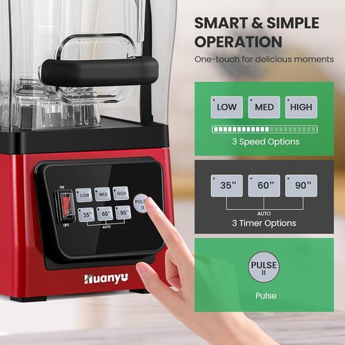 Huanyu Commercial Blender - 2L 68OZ 2200W Quiet Professional Blender with Sound Enclosure | Red