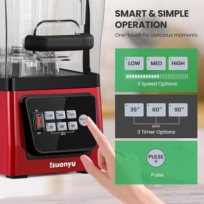 Huanyu Commercial Blender - 2L 68OZ 2200W Quiet Professional Blender with Sound Enclosure | Red