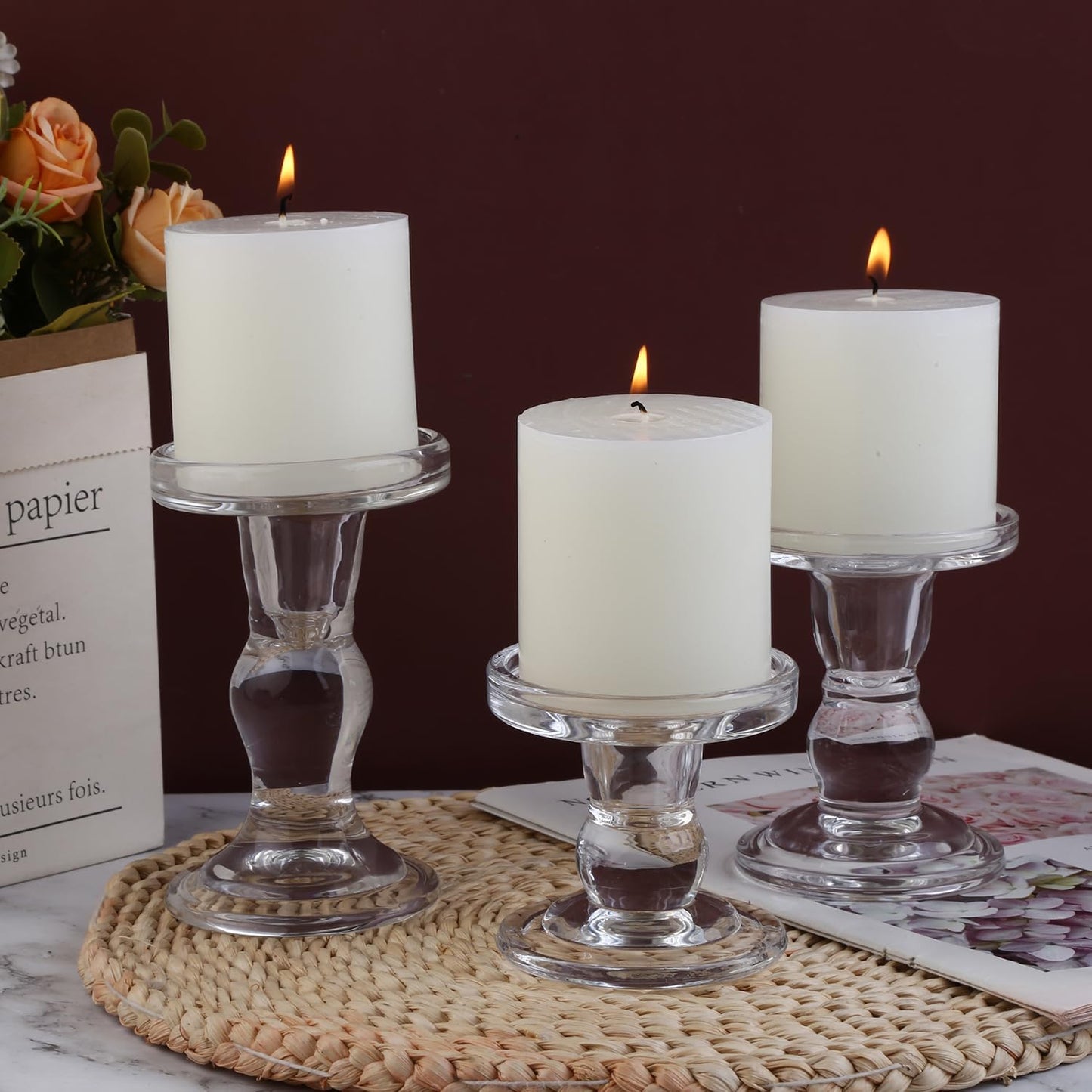 Skiennix 3-Piece Glass Candlestick Set - Elegant Crystal Holders for Christmas & Weddings | Clear