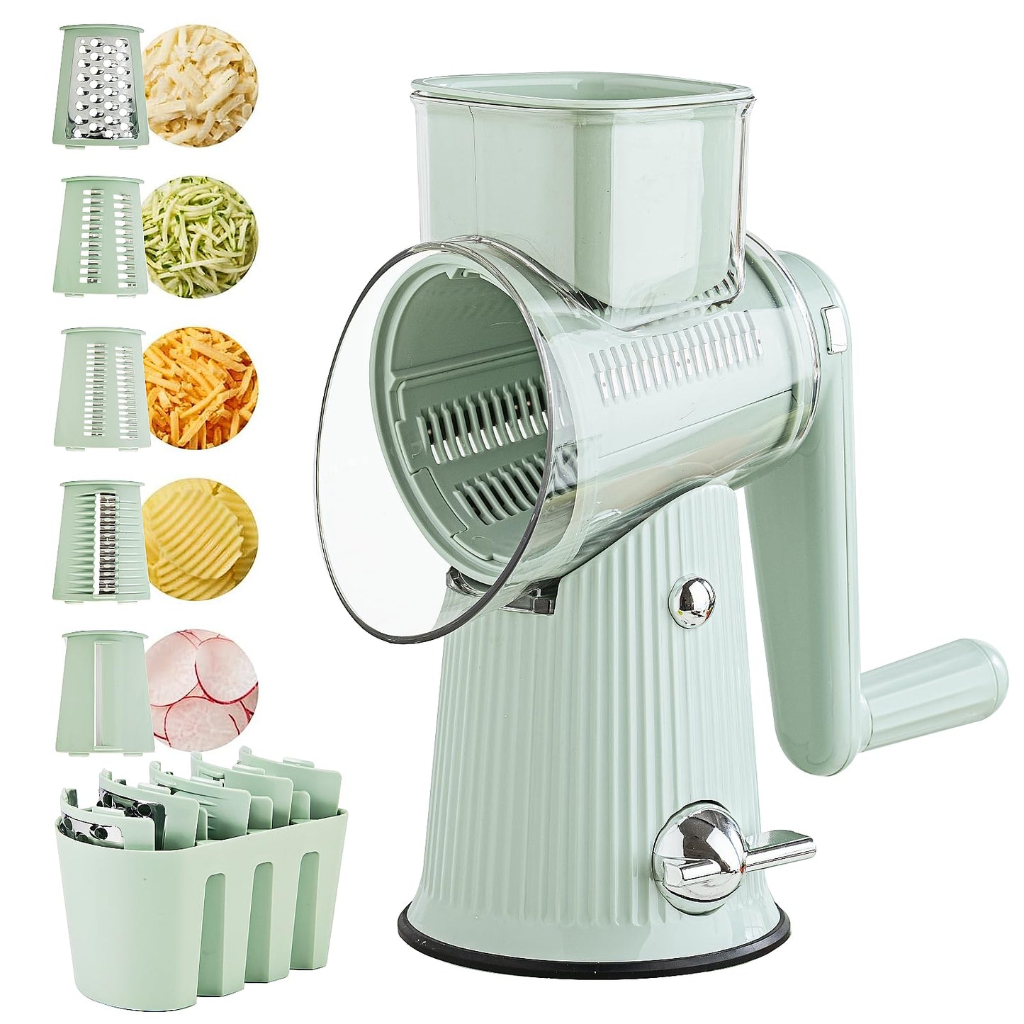 PDAENLKY Rotary Cheese Grater with Handle 5 in 1 Cheese Grater Hand Crank Cheese Shredder with Strong Suction Base Kitchen Vegetable Slicer with 5 Interchangeable Blades, Storage Box, Green