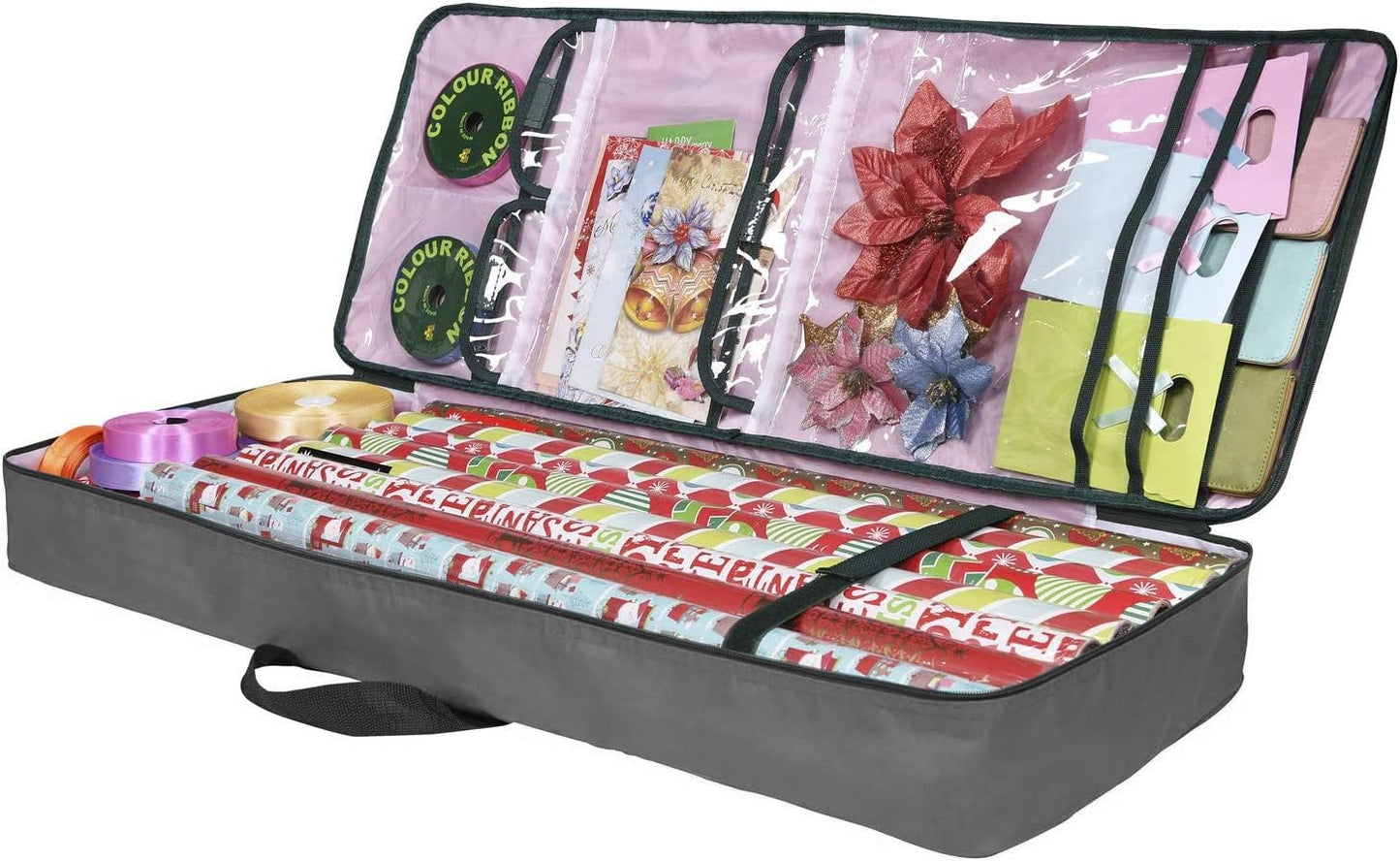 Primode Gift Wrap Organizer - Christmas Wrapping Paper Storage Bag with Pockets | 37” x 14” x 4” | Durable 600D Oxford Material (Gray)