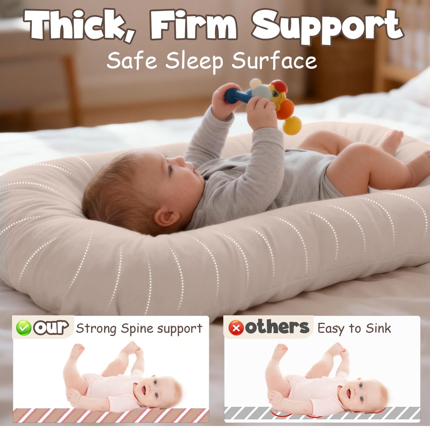 Skiennix Extra Large Baby Lounger - Pure Cotton Infant Nest with Thick Support & Removable Cover | Ideal for Play & Care