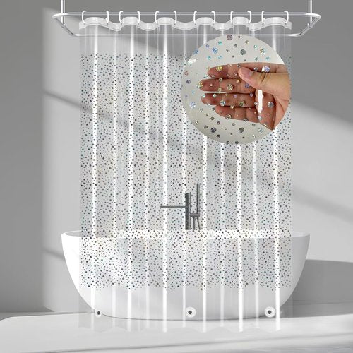 TRIMENGO PEVA Holographic Shower Curtain Liner with Glitter Gem Pattern, 70x72in Lightweight Clear Plastic Shower Curtain Liner for Shower Stall, Bathtubs