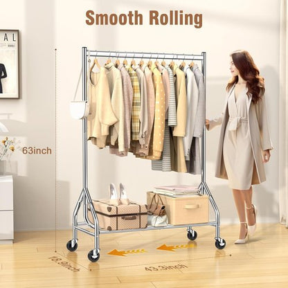 EAGMAK Heavy Duty Clothes Rack - 420 LBS Capacity | Rolling Garment Rack with Lockable Wheels & Shelves (Silver)