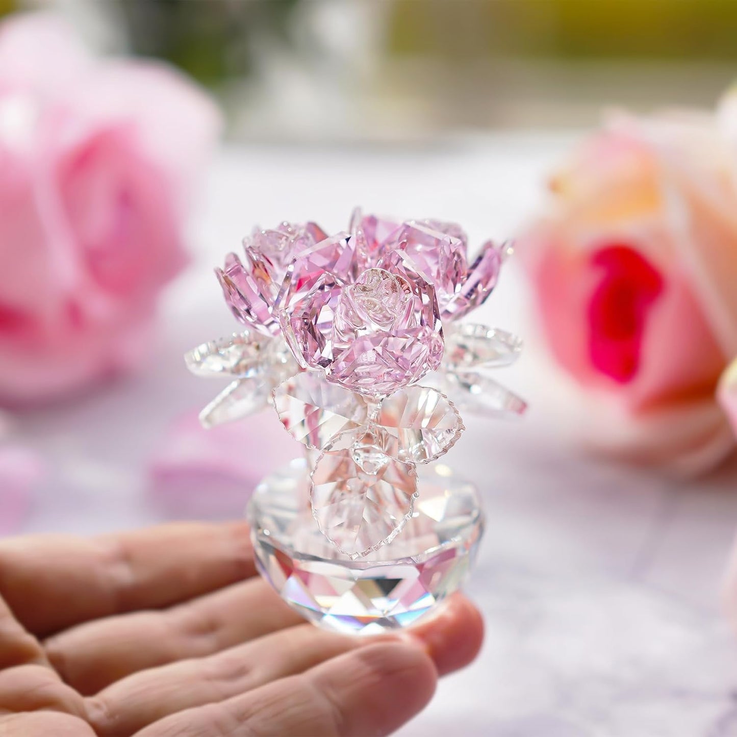 QFkris Pink Crystal Rose Bouquet | Elegant Glass Flower Figurine for Home Decor - 2.8" Ornament for Women