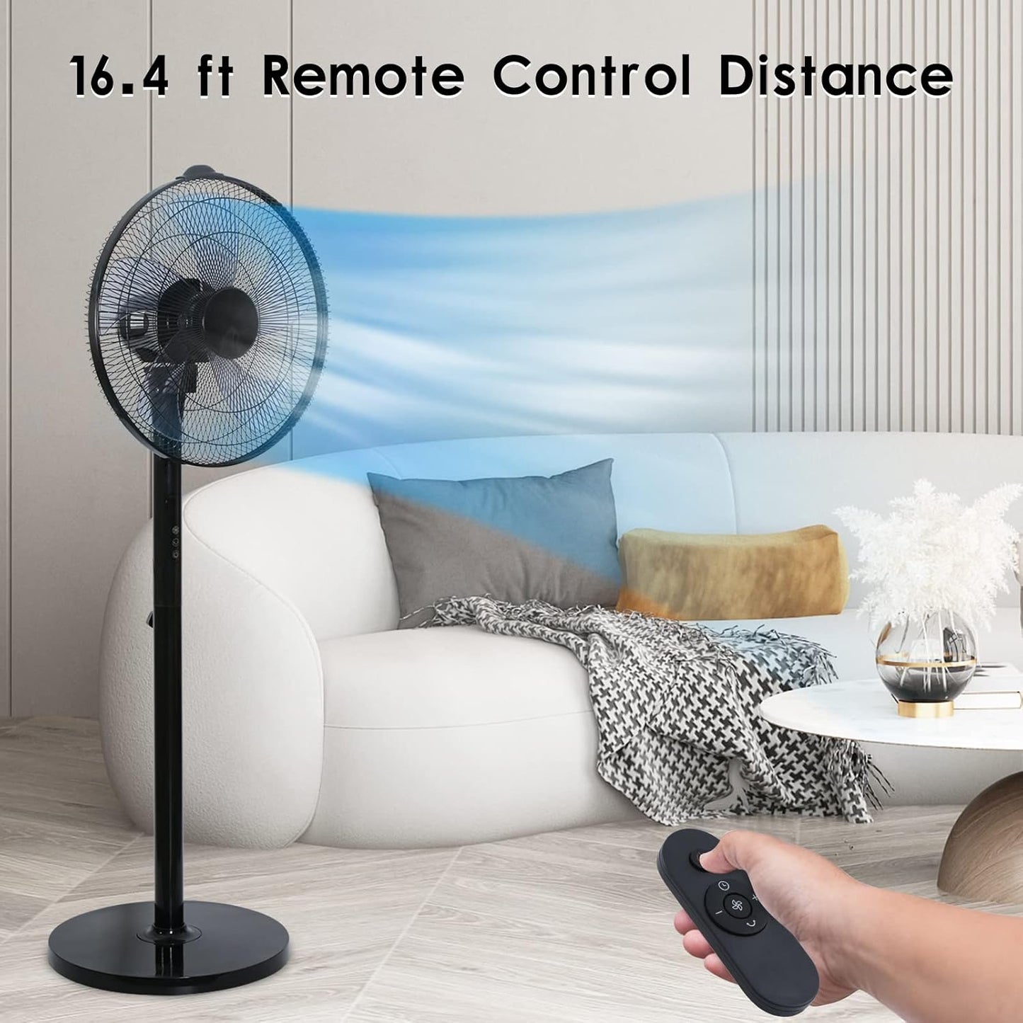 Simple Deluxe 16-Inch Stand Fan - Height Adjustable Pedestal Fan with Remote Control & 90-Degree Oscillation | Black