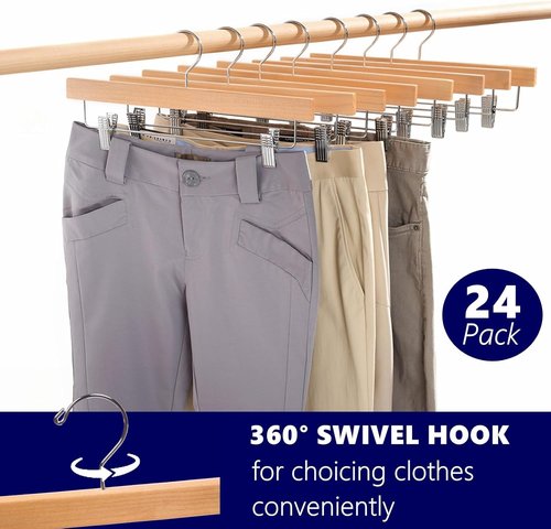 Amber Home 24-Pack Wooden Pants Hangers with Adjustable Clips - Ideal for Jeans, Slacks, and Shorts