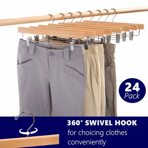 Amber Home 24 Pack Natural Wooden Pants Hangers with Clips, Wood Skirt Hangers Trouser Hangers for Jeans, Slacks, Shorts with 2-Adjustable Clips