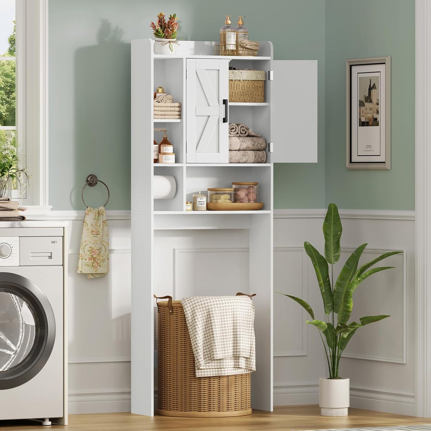 TEENFON Over The Toilet Storage Cabinet - Extra Tall Bathroom Organizer with 4 Open Shelves & 2 Barn Doors | White