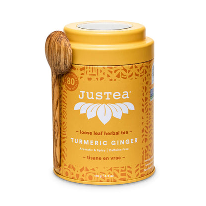 JusTea TURMERIC GINGER | Loose Leaf Herbal Tea | Tin with Hand Carved Tea Spoon | 40+ Cups (3.9oz) | Caffeine Free | Award-Winning | Fair Trade | Non-GMO