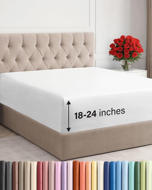 Extra Deep King Fitted Sheet - Hotel Luxury Single Fitted Sheet Only - Easily Fits 18 inch to 24 inch Mattress - Ultra Soft, Wrinkle Free w/Extra Deep Pockets - Easy-Care, Breathable & Comfy - White