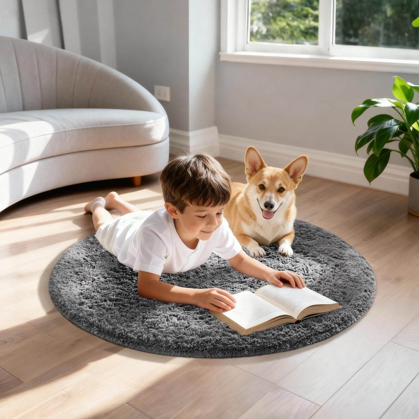 Ophanie Round Rug - 2Ft Grey Circle Area Rug | Plush Soft Shaggy Carpet for Kids' Room Decor
