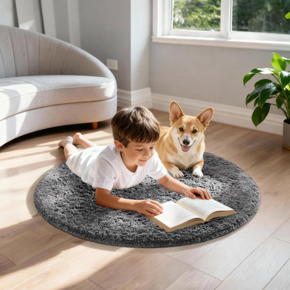 Ophanie Round Rug - 2Ft Grey Circle Area Rug | Plush Soft Shaggy Carpet for Kids' Room Decor