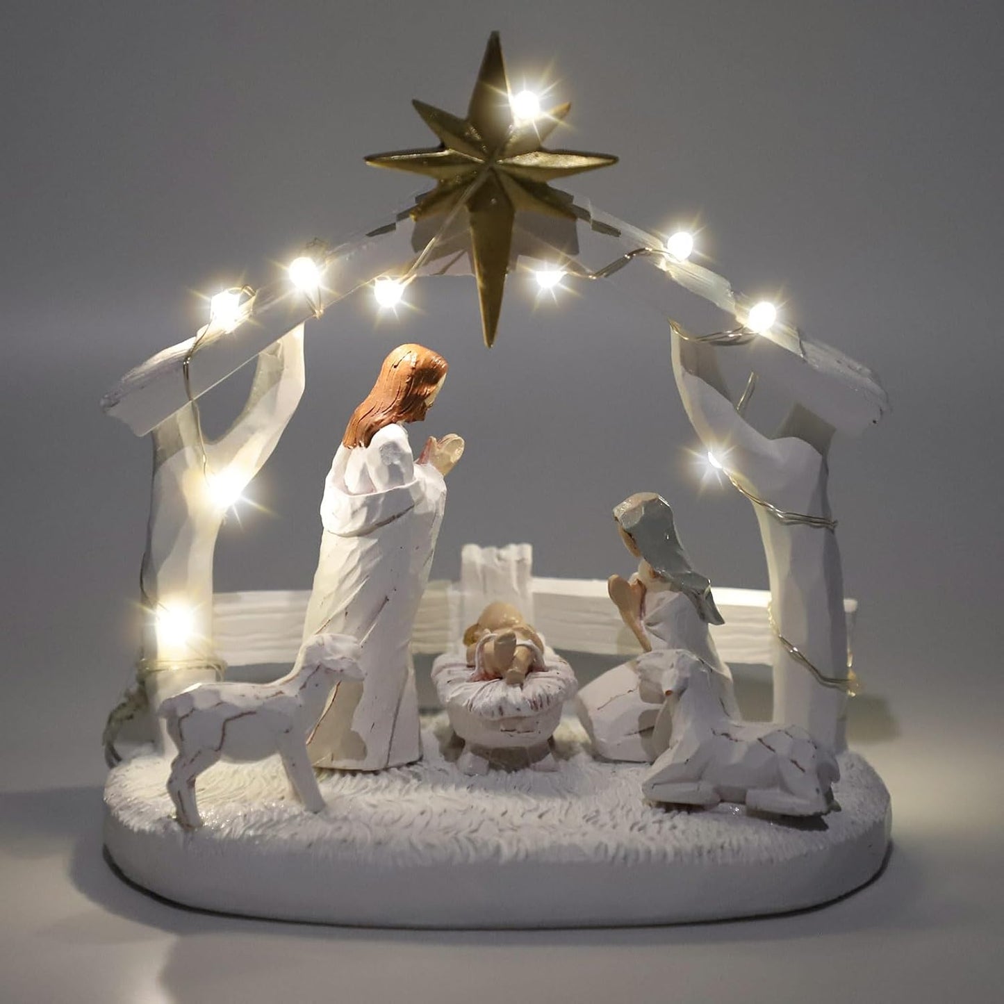 Nativity Scene - Hand-Painted Holy Family Figurine with Lights | Christmas Tabletop Decoration