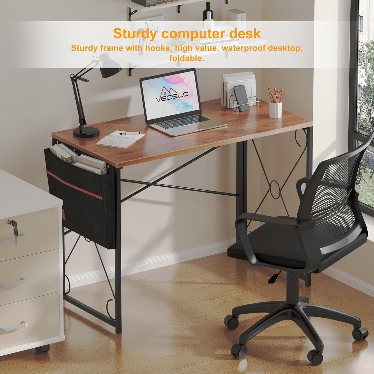 VECELO 39-Inch Folding Desk - Compact Writing Computer Desk for Home Office | Classic Brown Finish