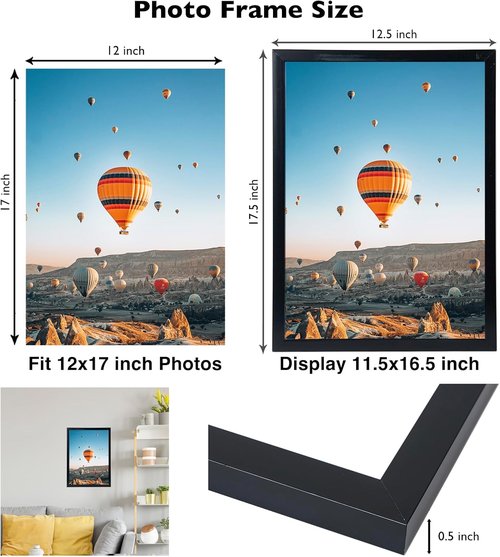 JCJMY 12x17 Picture Frame - Black Wall Mount for Horizontal or Vertical Display | Shatter-Resistant Plexiglass