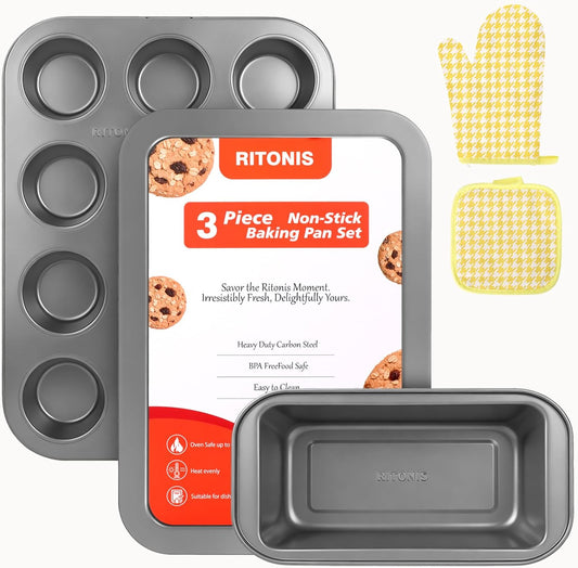 Skiennix 3-Piece Non-Stick Baking Pans Set - Stackable Bakeware with Cookie Sheet, Muffin Pan & Bread Loaf Pan - Black