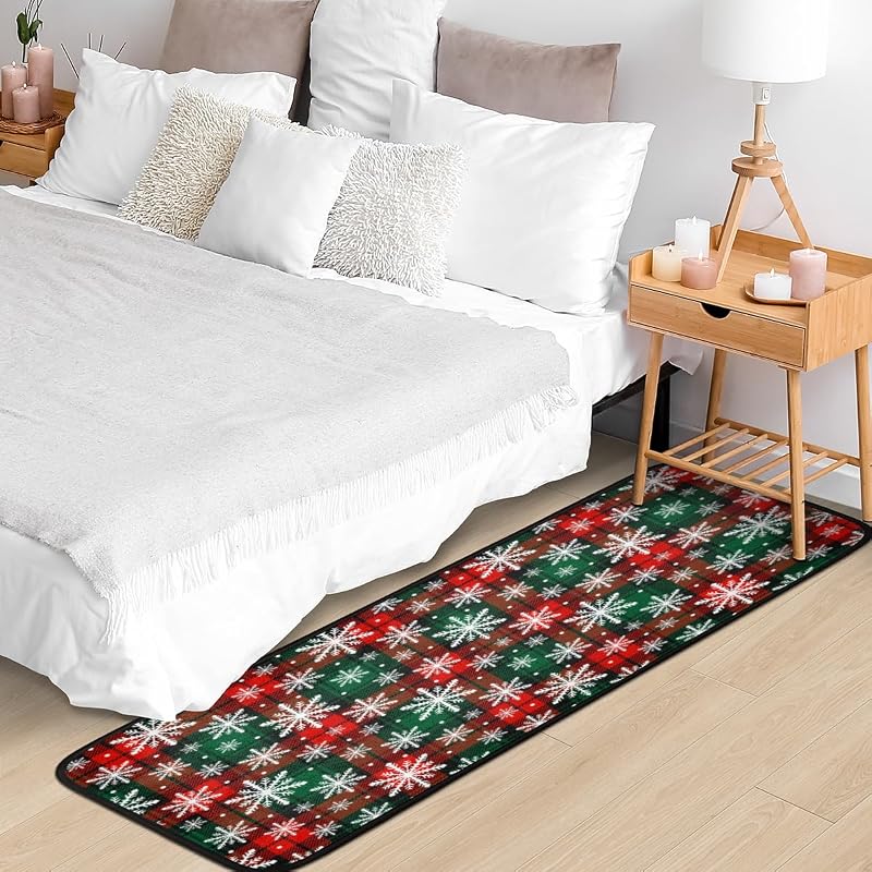 Christmas Snowflake Plaid Runner Rug 2' x 6' - Non-Slip Washable Hallway Mat, Holiday Decor (A01)