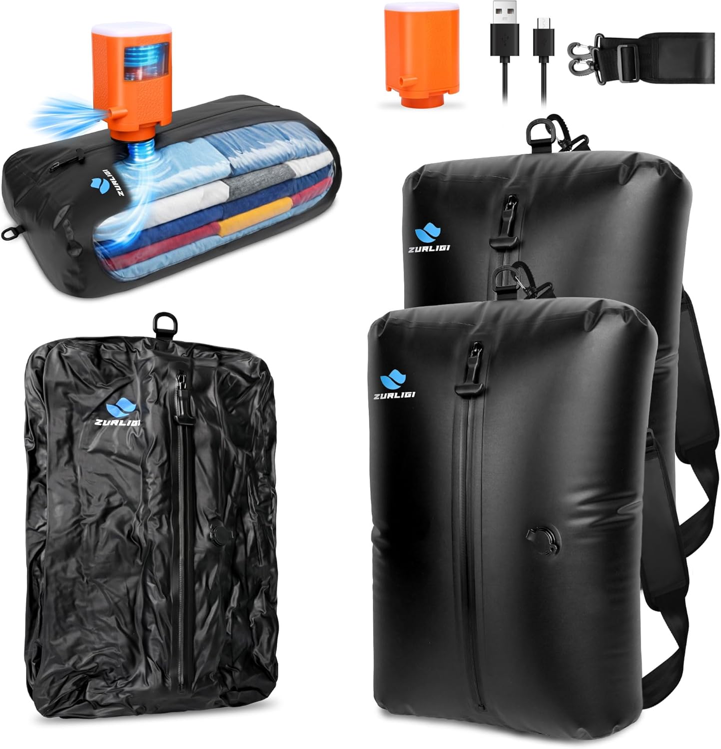 Zurligi Travel Vacuum Bags - IPX8 Waterproof Compression Bags with Mini Pump | 39L, 2-Pack, Black