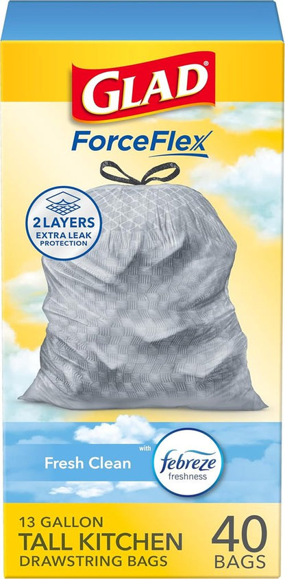 Glad ForceFlex Tall Kitchen Trash Bags - 13 Gallon, Gain Fresh Clean Scent, 40 Count