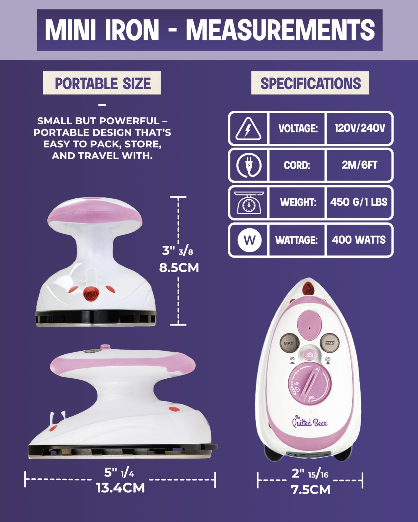 The Quilted Bear Premium Mini Steam Iron - Lightweight Mini Travel Iron for Effortless Quilting & Wrinkle-Free Clothes with Carry Case & Iron Rest Set - Travel Steamer for Clothes & Crafts (Pink)