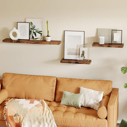 Fixwal Wood Floating Shelves - Set of 4 Rustic Brown Wall Decor with Invisible Brackets | Ideal for Bathroom, Living Room, Bedroom, Kitchen