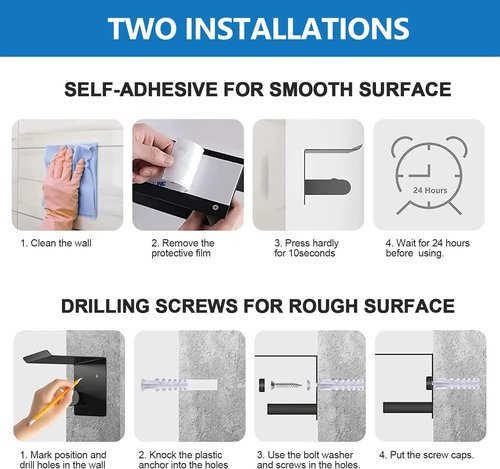 XDerln Toilet Paper Holder with Phone Shelf SUS 304 Toilet Paper Roll Holder - Wall Mounted Toilet Paper Roll Holder Adhesive Or Drilling Tissue Roll Holder with Shelf - Black Matte