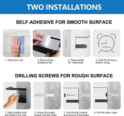 XDerln Toilet Paper Holder with Phone Shelf SUS 304 Toilet Paper Roll Holder - Wall Mounted Toilet Paper Roll Holder Adhesive Or Drilling Tissue Roll Holder with Shelf - Black Matte