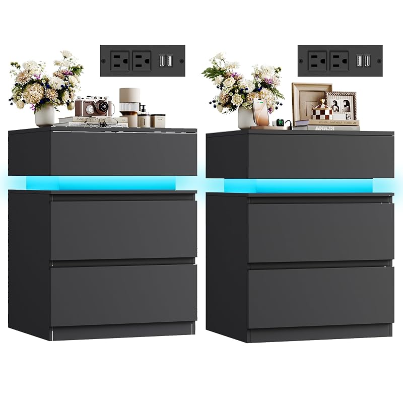 Nightstands Set of 2 with LED Lights, USB Charging Station & App Control, 23.8" Tall – Black+2 Drawers Variation