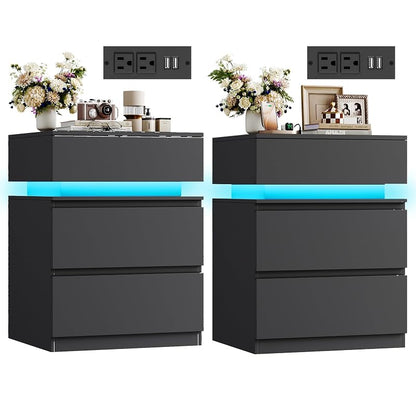 Nightstands Set of 2 with LED Lights, USB Charging Station & App Control, 23.8" Tall – Black+2 Drawers Variation