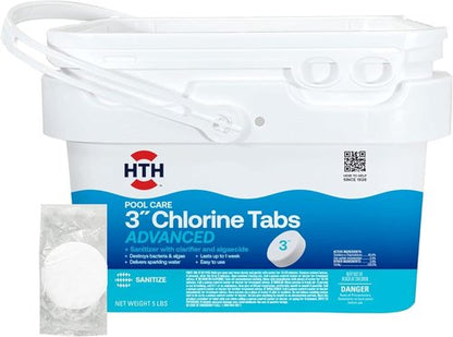 HTH 42052W Pool Care Chlorine Tabs - Advanced 3" Tablets for Clear Water & Algae Control, 5 lbs