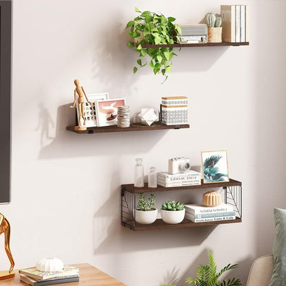 Fixwal Floating Bathroom Shelves - Rustic 15.8in Wood Wall Decor for Bathroom, Living Room & Kitchen | Dark Brown