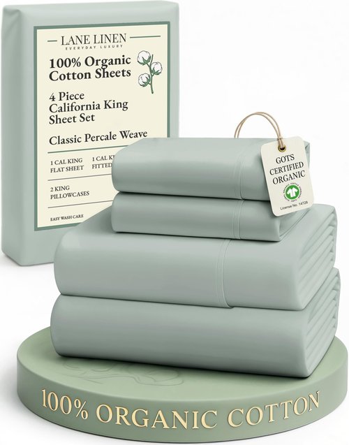 LANE LINEN 100% Organic Cotton California King Sheets Set, Soft & Comf Low Pill Fade Resistant Mercerized Cotton Fully Elasticized Cal King Sheets, Fits Mattress Upto 15" Deep -Cool Blue