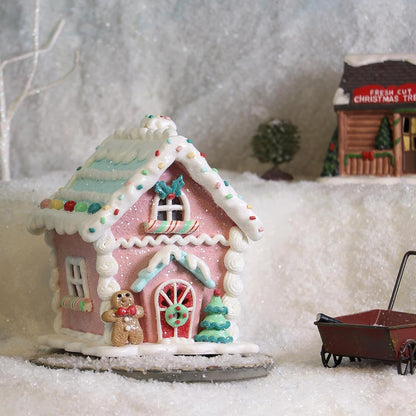 Skiennix LED Gingerbread House Christmas Decorations - 5.9" Ornaments with Gingerbread Cookie & Pine Tree